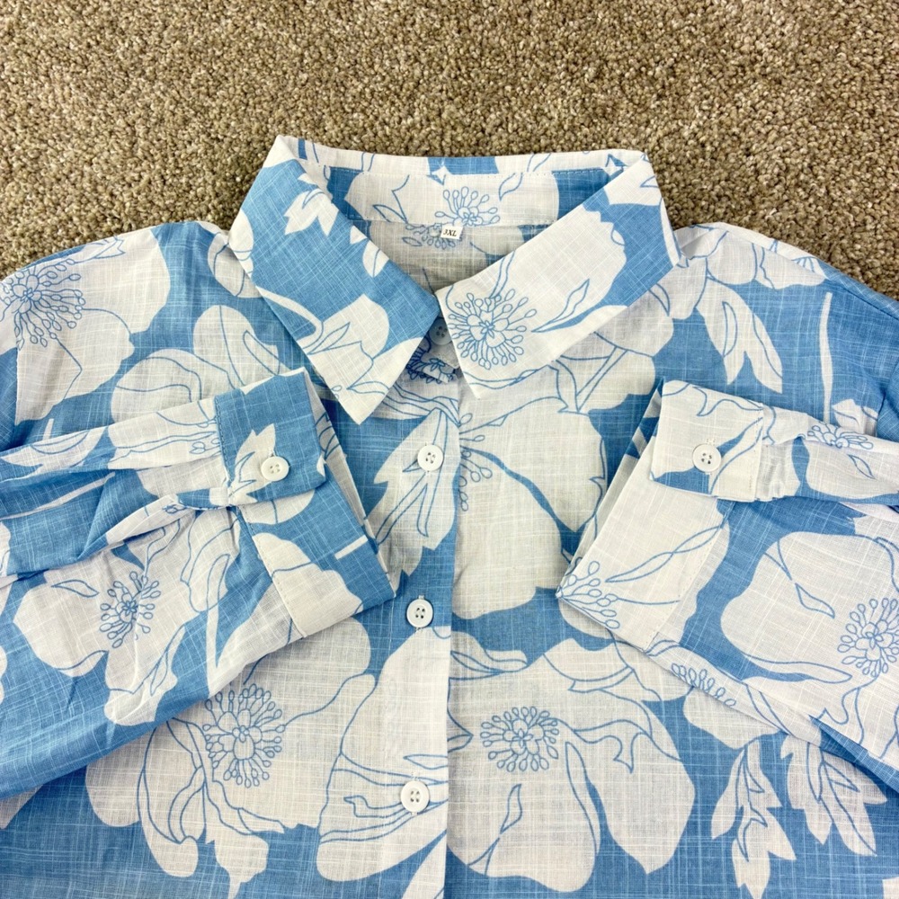 Women's 2X Blue White Floral Button Up Shirt Cottagecore Coastal Lightweight - Picture 3 of 8
